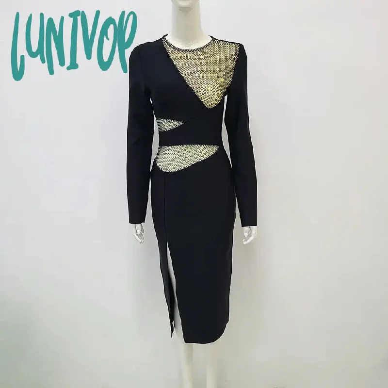 Lunivop Bodycon Bandage Dress  Sexy Long Sleeve O Neck Diamonds Black Mini Women Celebrity Fashion Evening Party Dress Vestido