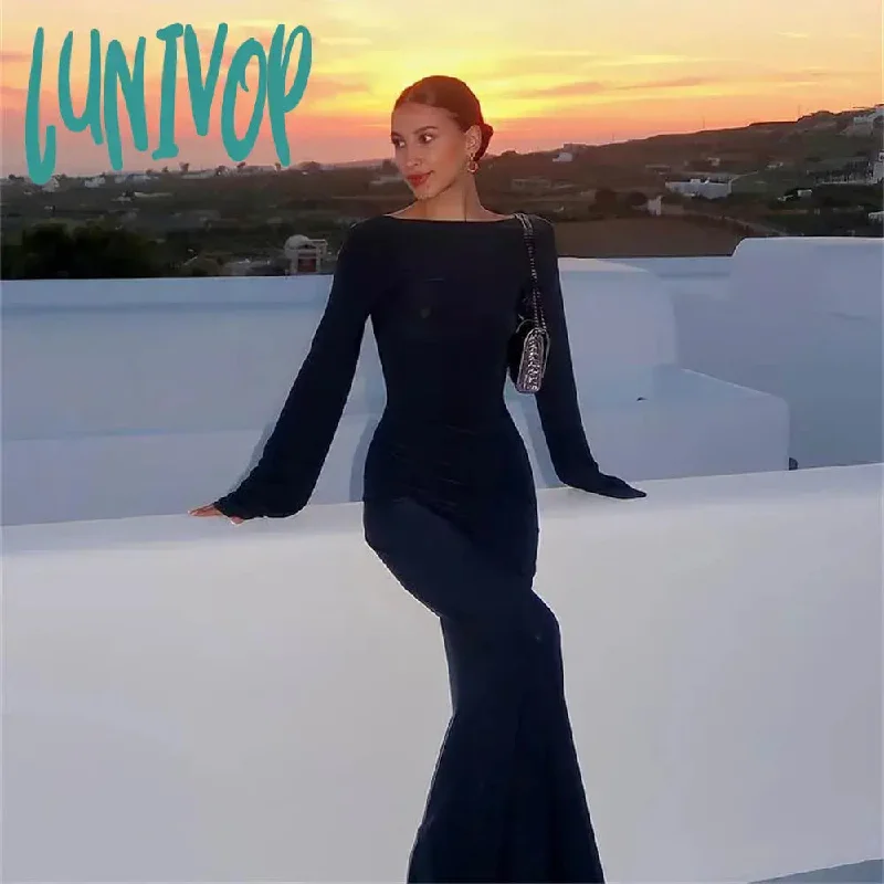 Lunivop Fashion Long Sleeve Summer Sexy Backless Knit Dresses Outfits Beachwear Elegant Robes Maxi Dresses Cover-Ups Solid Summer Dress