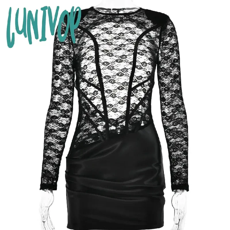 Lunivop Lace Patchwork Sheer Long Sleeve Backless Mini Bodycon Dress Women Sexy Satin See Through Ruched Party Dresses Club Outfits