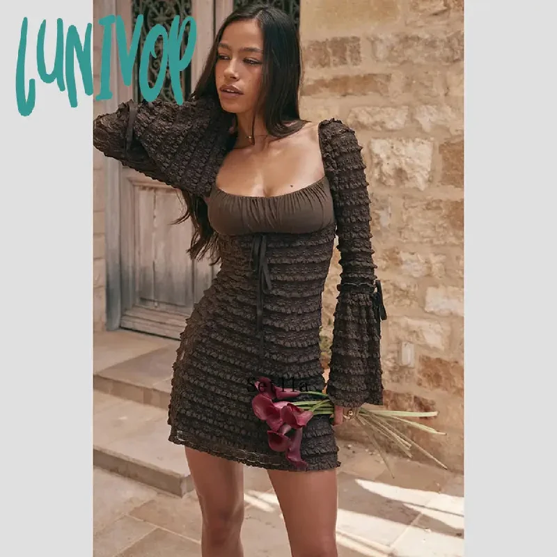 Lunivop Lace Patchwork Square Neck Backless Long Sleeve Bodycon Mini Dress Women Autumn Elegant Sexy Tie Up Party Clubwear Sexy Dress