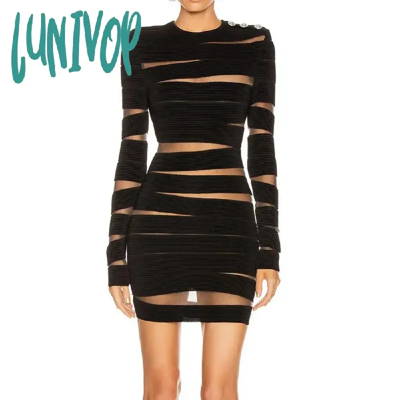 Lunivop New Women Elegant Luxury Long Sleeve Crack Perspective Bandage Dress Formal Occasion Quinceanera Birthday Evening Cocktail Party