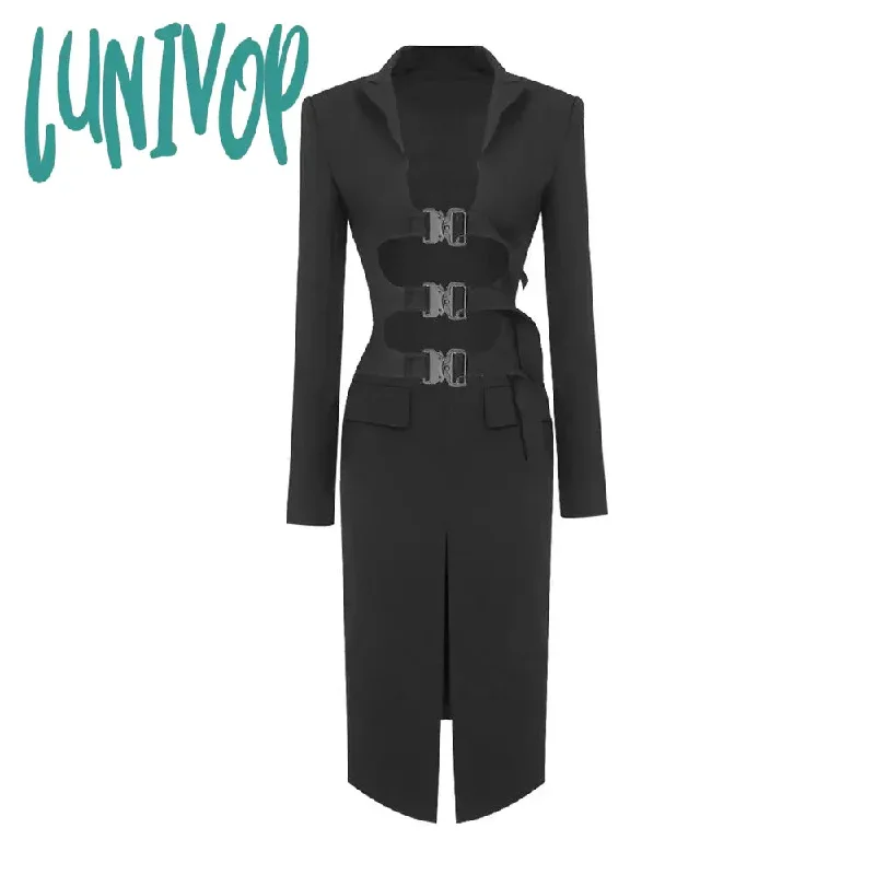 Lunivop Women Winter Sexy Long Sleeve Buckle Black Split Midi Skirt Set Knitted Elegant Evening Club Party Dress