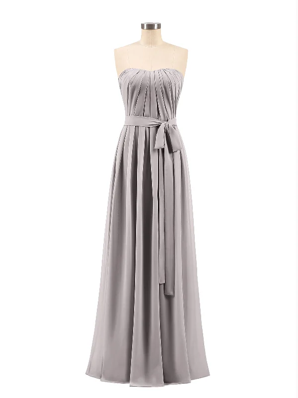 Chiffon Strapless Bridesmaid Gown with Sash-Silver